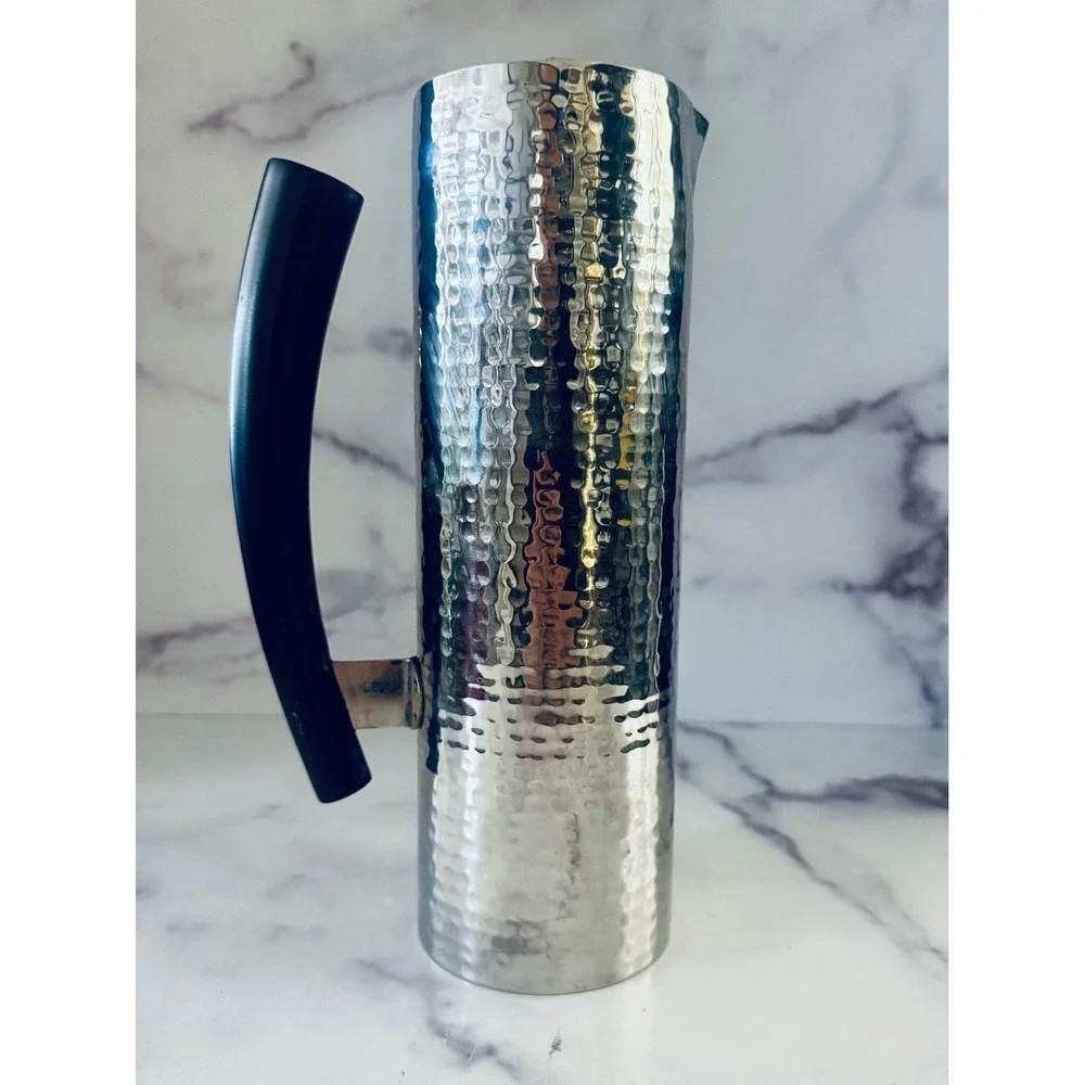Vintage Hammered Stainless Steel Water Pitcher MCM Tall Ice Lip Black Handle‎